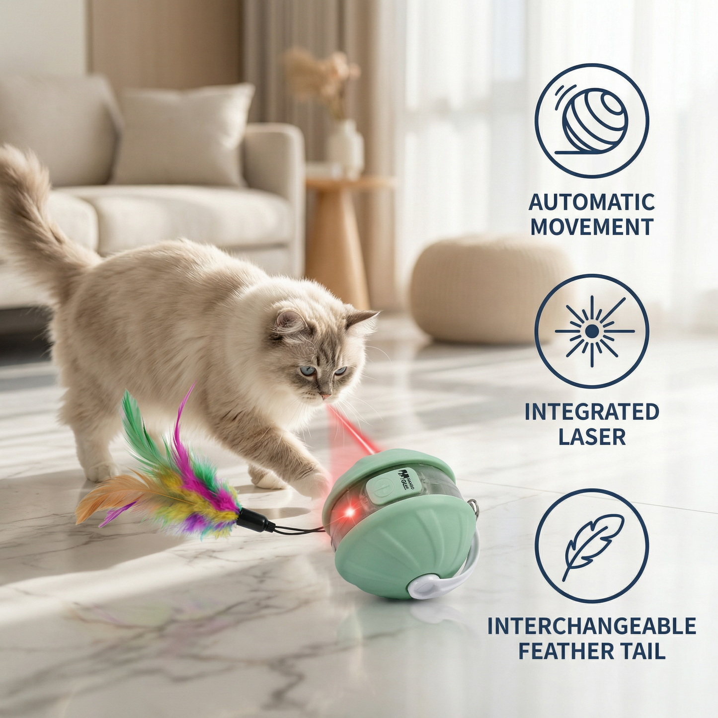 3-in-1 Interactive Cat Laser Play Ball with Feather Tail