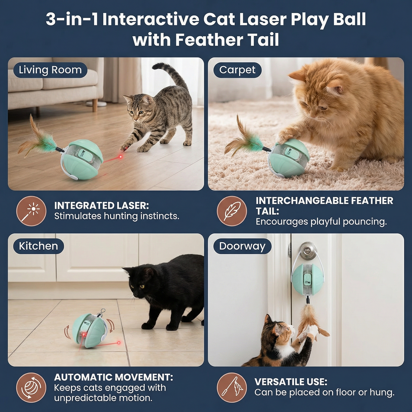 3-in-1 Interactive Cat Laser Play Ball with Feather Tail