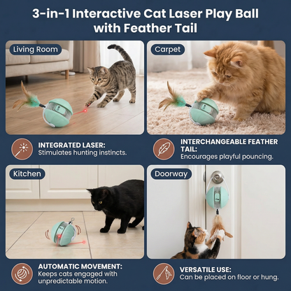 3-in-1 Interactive Cat Laser Play Ball with Feather Tail