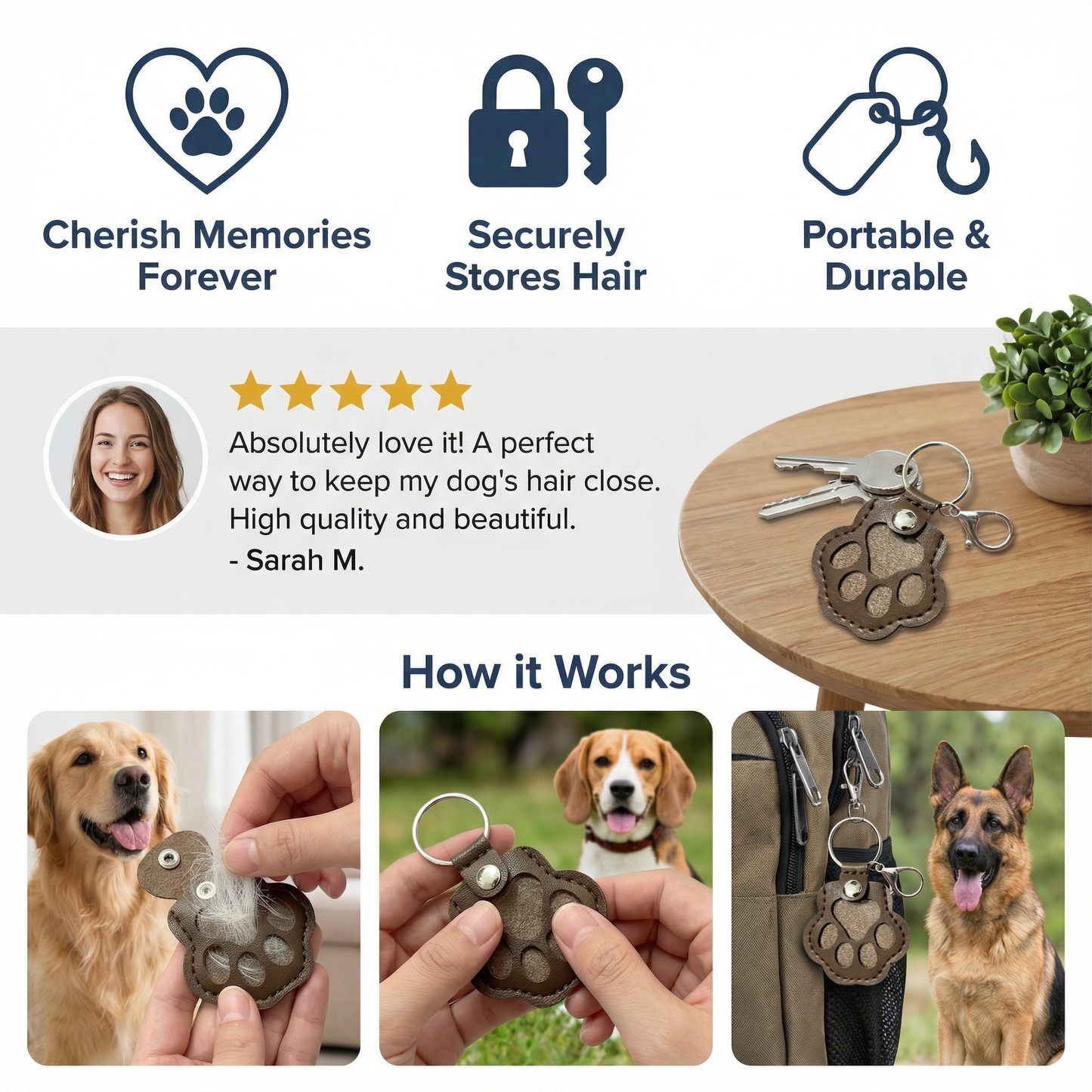 Leather Memorial Keychain for Storing Pet Hair