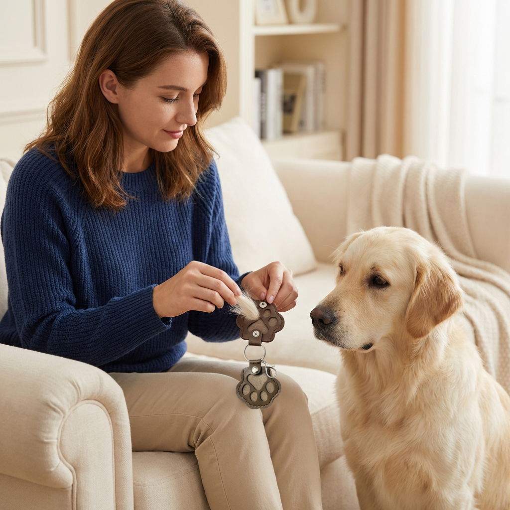 Leather Memorial Keychain for Storing Pet Hair