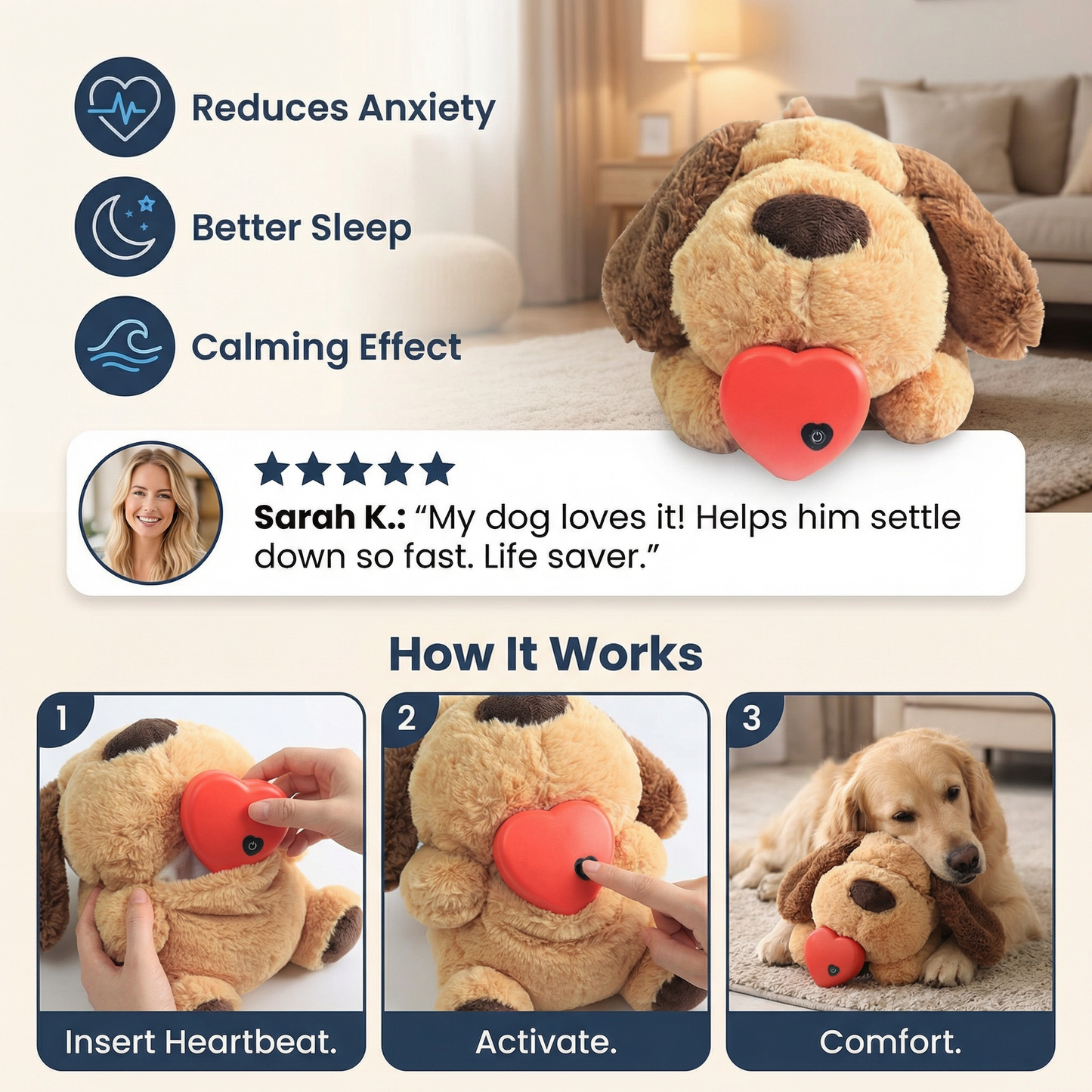 Calming Heartbeat Plush Toy for Pets – Anxiety Reducing & Stress Relieving