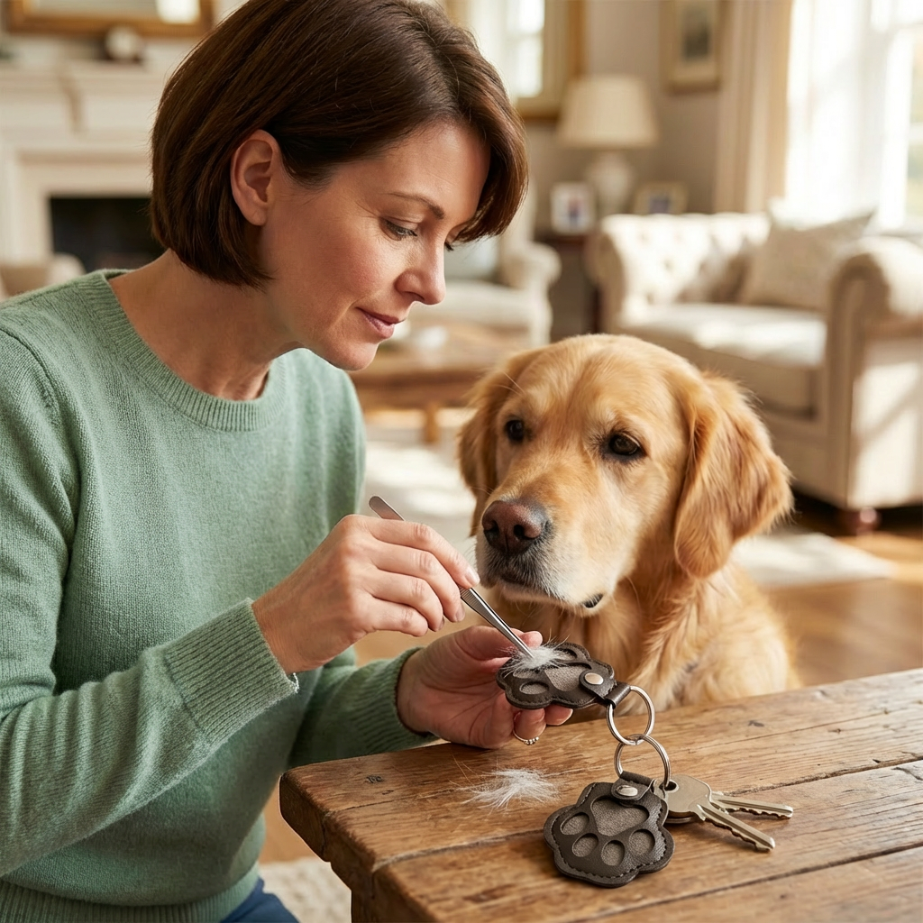 Leather Memorial Keychain for Storing Pet Hair