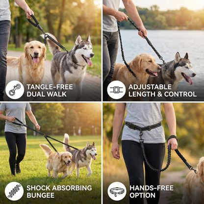 2-in-1 Dog Double Leash with 360° Swivel Joint – Tangle-Free & Shock Absorbing