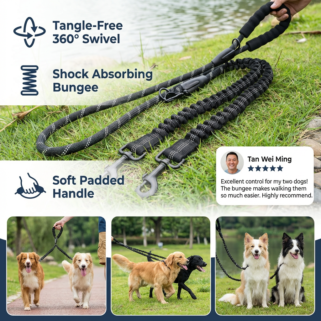 2-in-1 Dog Double Leash with 360° Swivel Joint – Tangle-Free & Shock Absorbing