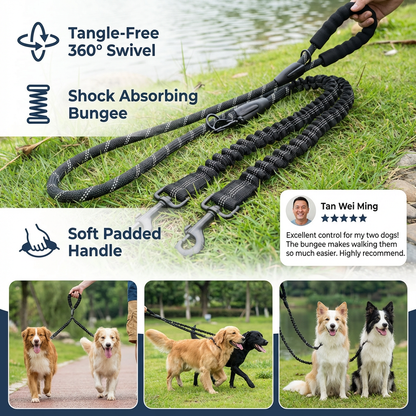 2-in-1 Dog Double Leash with 360° Swivel Joint – Tangle-Free & Shock Absorbing