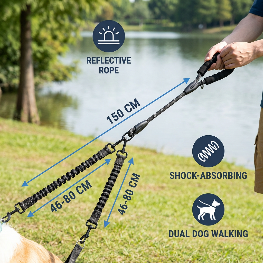 2-in-1 Dog Double Leash with 360° Swivel Joint – Tangle-Free & Shock Absorbing