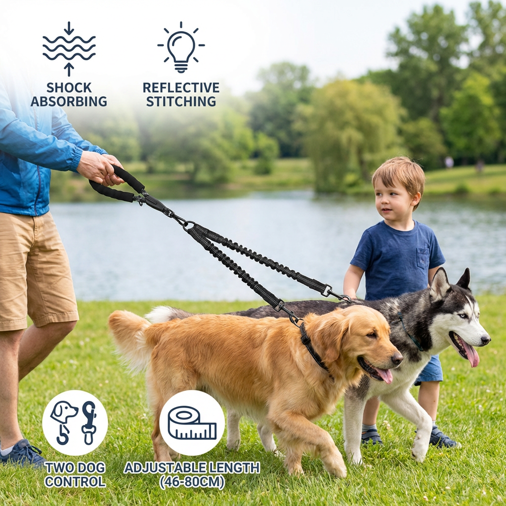 2-in-1 Dog Double Leash with 360° Swivel Joint – Tangle-Free & Shock Absorbing