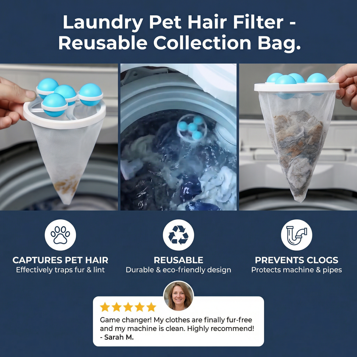 Laundry Pet Hair Filter for Washing Machine – Reusable Collection Bag