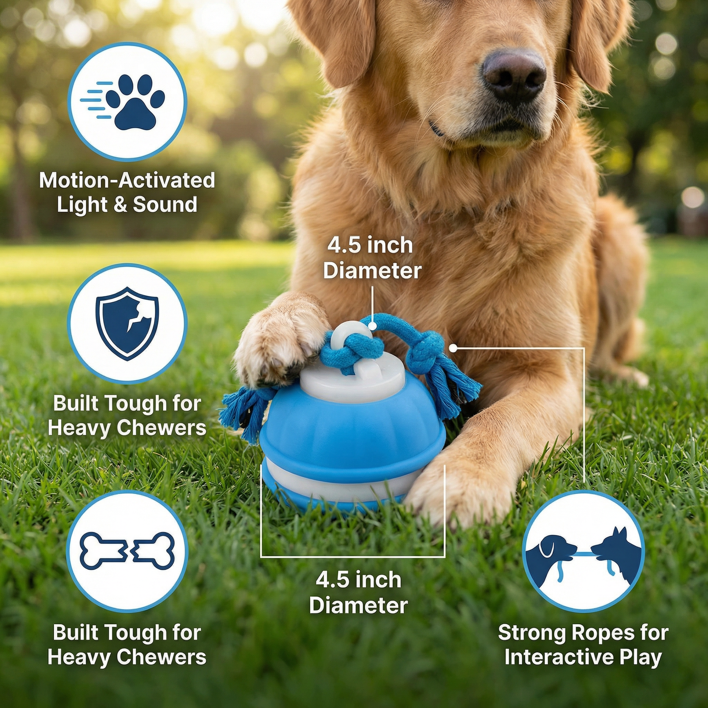 Durable Dog Play Ball with Motion Sensor and Tug Rope in Dog Colors