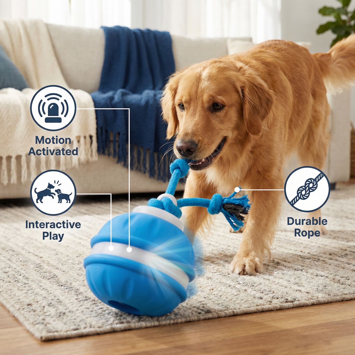 Durable Dog Play Ball with Motion Sensor and Tug Rope in Dog Colors