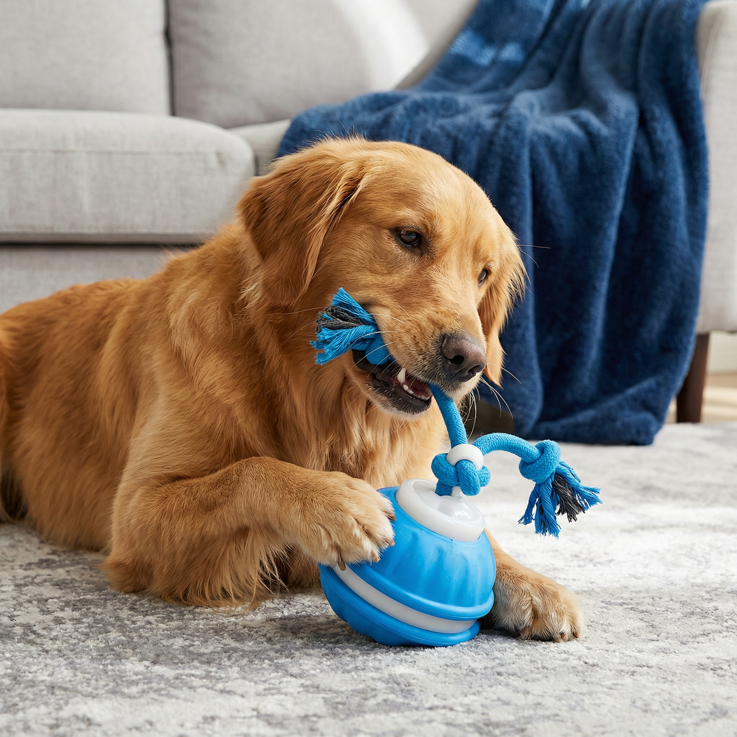 Durable Dog Play Ball with Motion Sensor and Tug Rope in Dog Colors