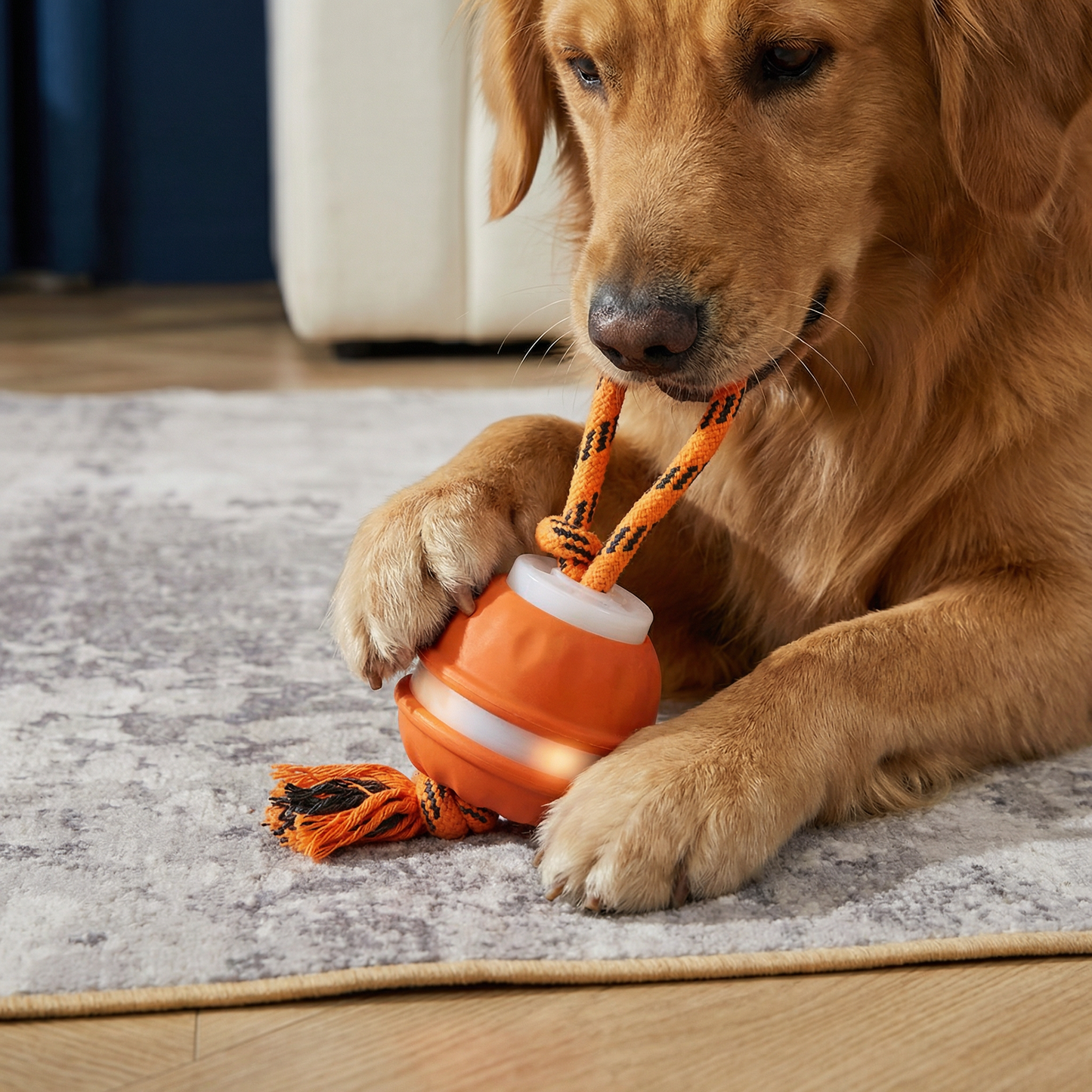 Durable Dog Play Ball with Motion Sensor and Tug Rope in Dog Colors