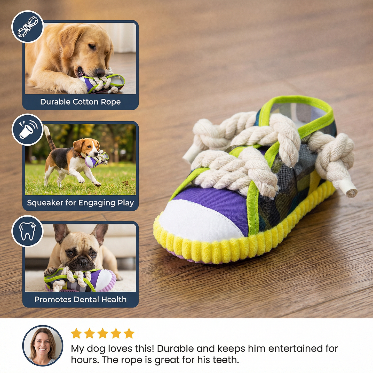 Squeaking Slipper with Durable Cotton Rope – Dental Care and Play for Dogs