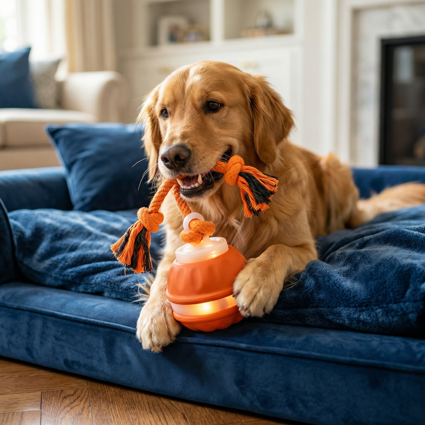 Durable Dog Play Ball with Motion Sensor and Tug Rope in Dog Colors